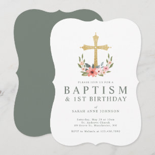 Invitación Bebé de flores de cruz de oro Primer bautismo de c