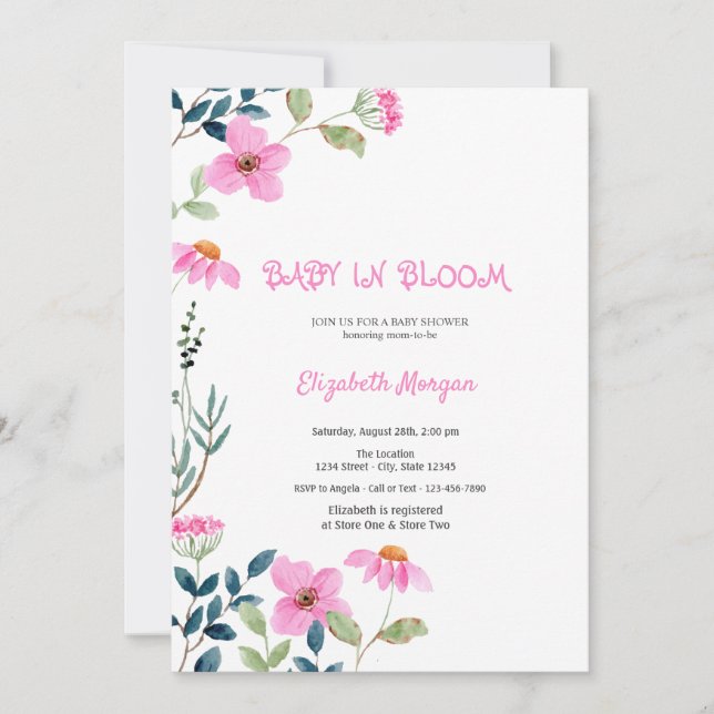 Invitación Bebé de flores rosadas en flor  Shower de bebé (Anverso)