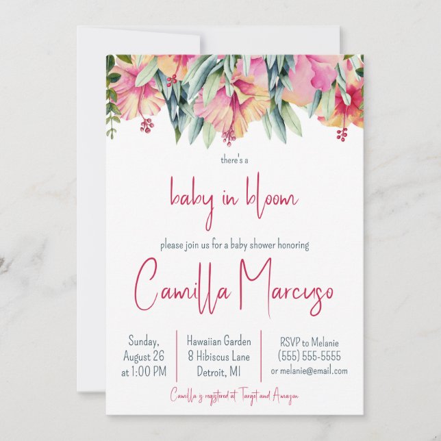 Invitación Bebé de flores rosadas en Hibiscus en Baby Shower  (Anverso)