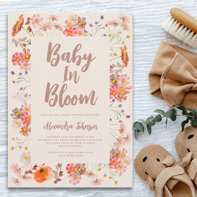 Invitación Bebé de flores silvestres en Baby Shower de caída (Fall floral watercolor gender neutral baby shower invitation baby in bloom)