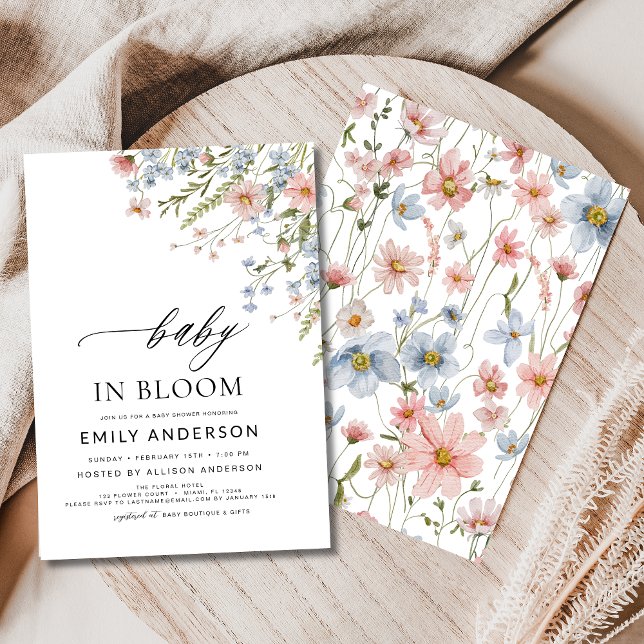 Invitación Bebé de flores silvestres en flor Baby Shower rosa (Subido por el creador)