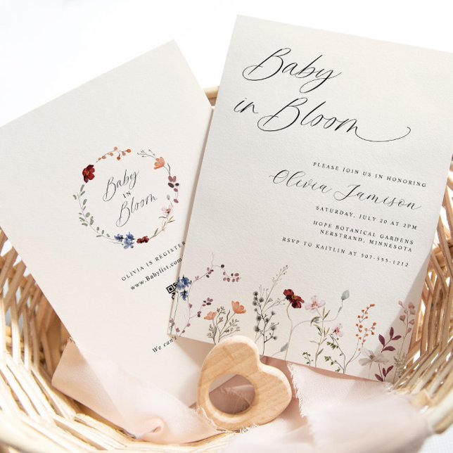 Invitación Bebé de flores silvestres en un Baby Shower florec (Boho Wildflower Baby Shower Invitation with Registry)