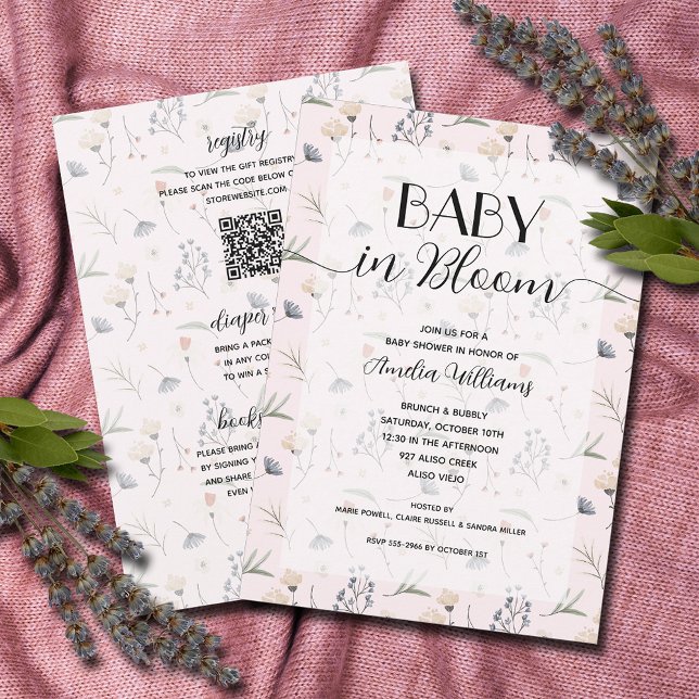 Invitación Bebé de flores silvestres en un Chica floreciente  (Wildflower baby in bloom girl all in one baby shower invitations, PRINTED and/or DOWNLOAD)