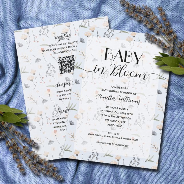 Invitación Bebé de flores silvestres en un niño en flor (Wildflower baby in bloom boy all in one baby shower invitations, PRINTED and/or DOWNLOAD)