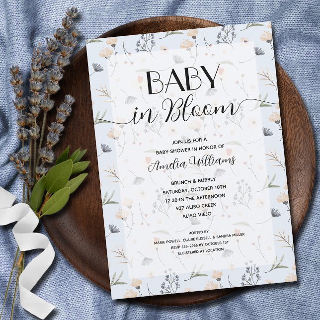 Invitación Bebé de flores silvestres en una ducha de niño azu (Baby in Bloom wildflowers on blue boy baby shower invitations - INSTANT DOWNLOAD and/or PRINTED)