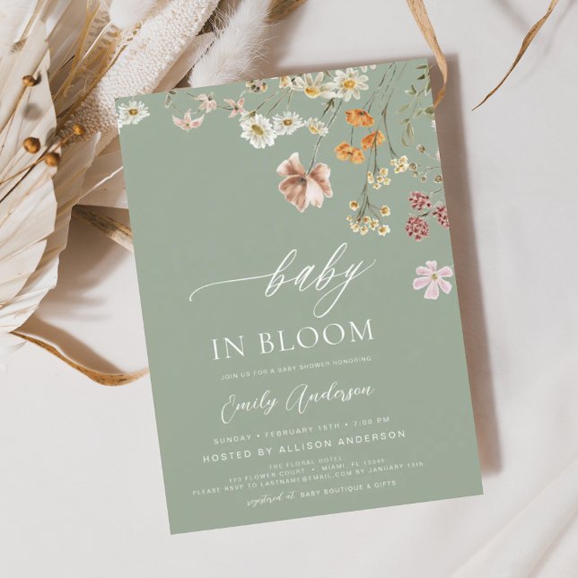 Invitación Bebé de flores silvestres en una ducha verde de sa (Subido por el creador)