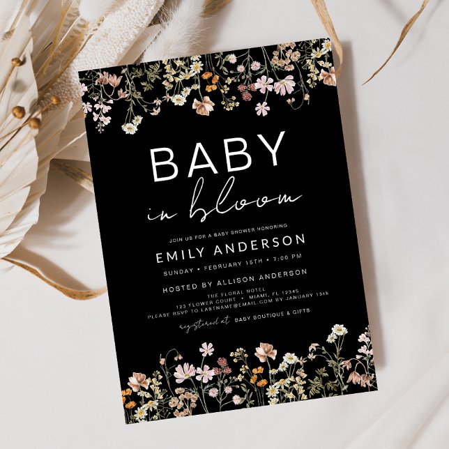 Invitación Bebé de flores silvestres negras en Baby Shower en (Subido por el creador)