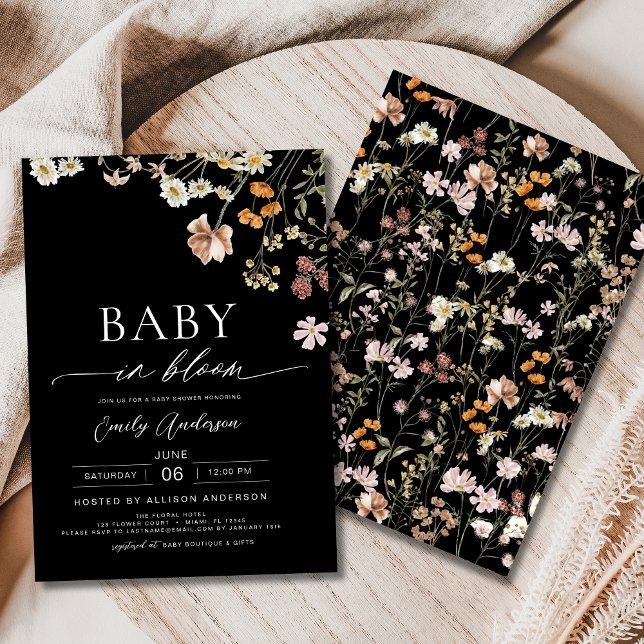 Invitación Bebé de flores silvestres negras en Baby Shower en (Subido por el creador)