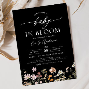 Invitación Bebé de flores silvestres negras en Baby Shower en