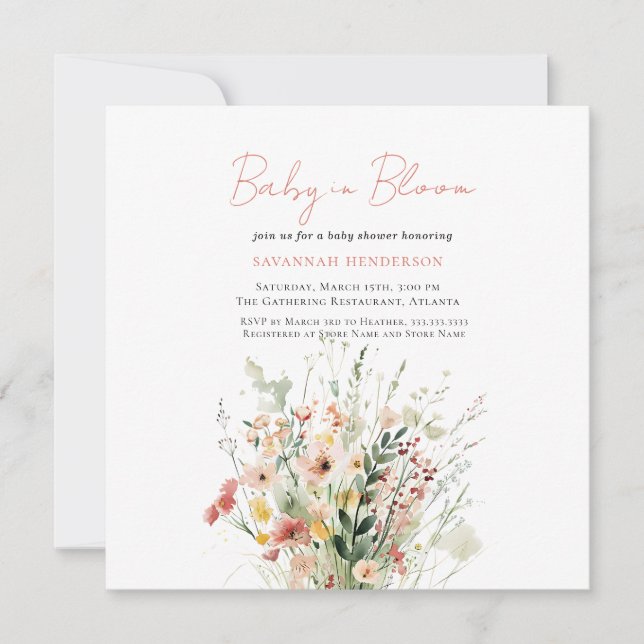Invitación Bebé de flores silvestres rosadas en el Baby Showe (Anverso)