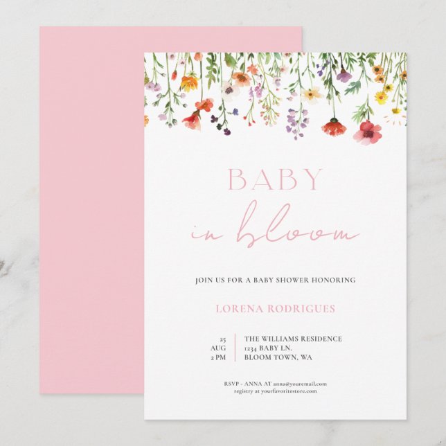 Invitación Bebé de flores silvestres rosadas en el Baby Showe (Anverso / Reverso)