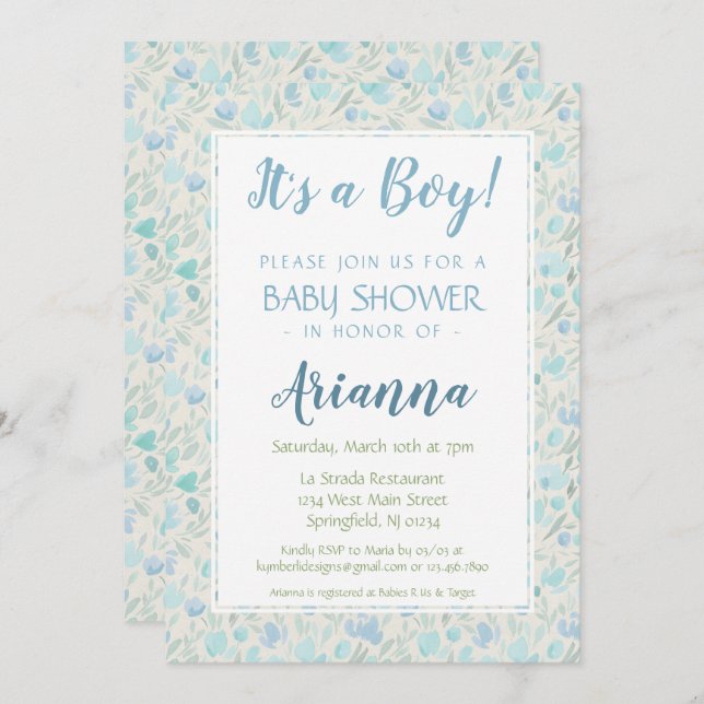 Invitación Bebé de flores verdes y azules (Anverso / Reverso)