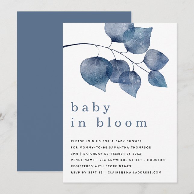 Invitación Bebé De Foliage Azul Moderno En Ducha De Bloom (Anverso / Reverso)