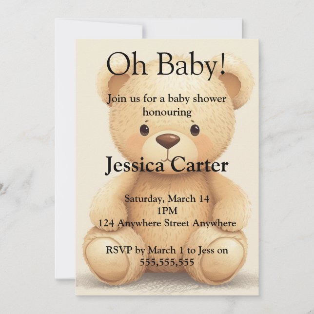 Invitación Bebé de género neutro con osito de peluche beige e (Anverso)
