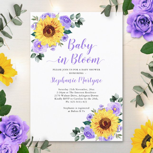 Invitación Bebé De Girasol En Bloom Baby Shower Morado Floral (Subido por el creador)