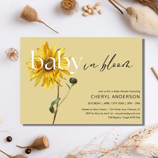 Invitación Bebé de girasol en un Fiesta de Baby Shower en flo (Sunflower Baby in Bloom Baby Shower Party Invitation)