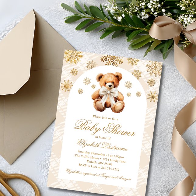 Invitación Bebé de invierno: Fiesta de bebé con temática de o (Classic Teddy Bear Ivory Plaid Preppy Baby Shower Invitation)