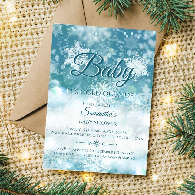 Invitación Bebé de invierno hace frío afuera de la ducha de b (Baby it's cold outside winter baby shower editable template invitation teal blue bokeh snowflakes)