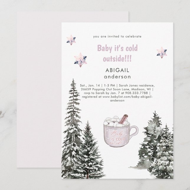 Invitación Bebé de invierno rosa hace frío fuera de la ducha  (Anverso / Reverso)