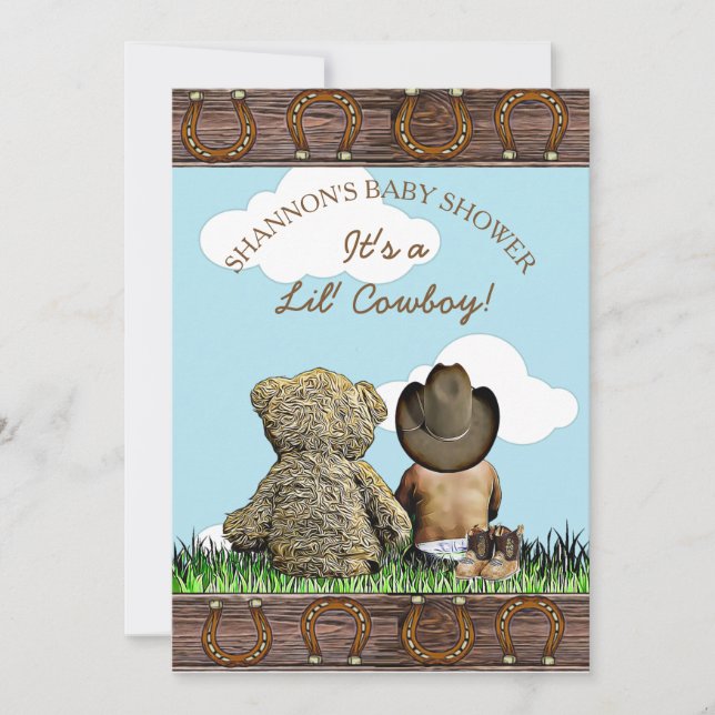Invitación Bebé de la etnia bovina y Baby Shower de osito de  (Anverso)