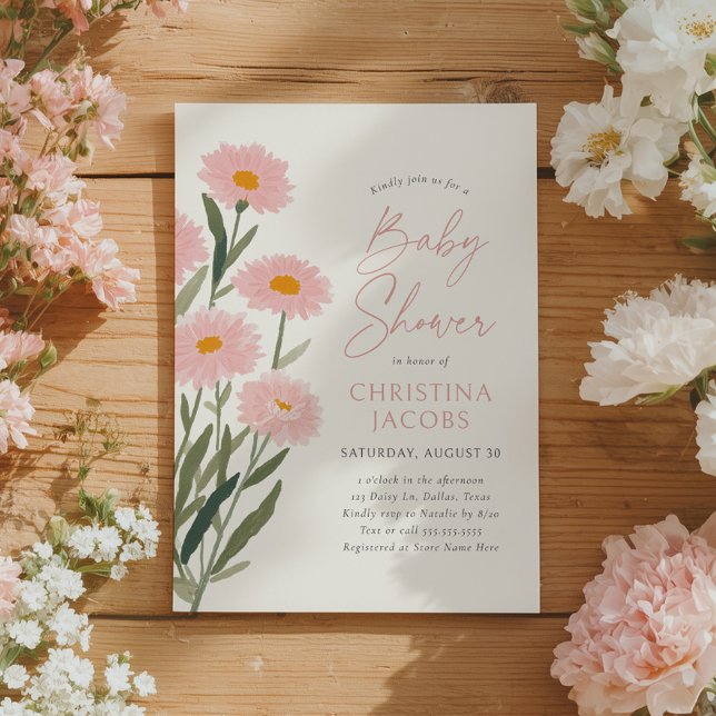 Invitación Bebé de margarita floral rosada en Baby Shower en  (Subido por el creador)