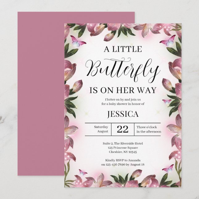 Invitación Bebé de mariposa rosa morada - Baby Shower (Anverso / Reverso)