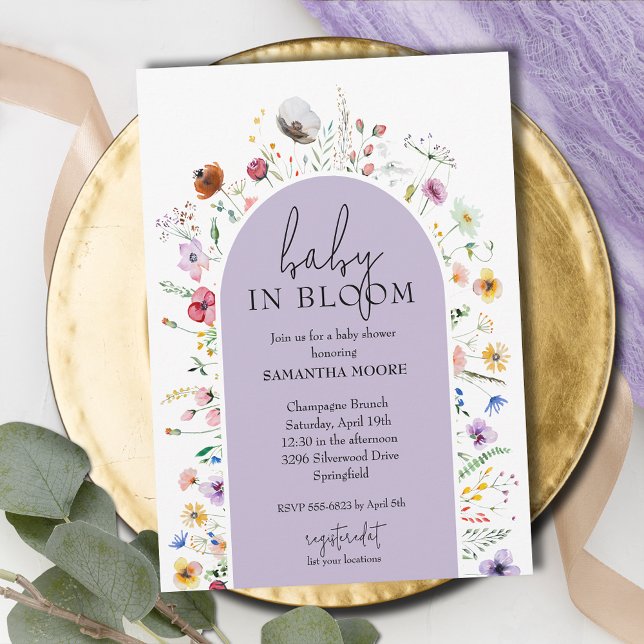 Invitación Bebé de moda en un Baby Shower púrpura en flor (Baby in Bloom purple baby shower invitations, INSTANT DOWNLOAD and/or PRINTED)