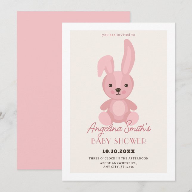Invitación Bebé de muñeca de conejo lindo rosa (Anverso / Reverso)