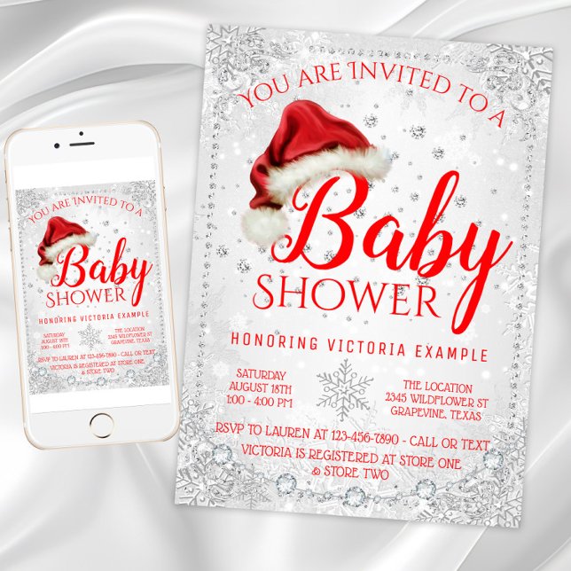 Invitación Bebé de Navidad con sombrero de Santa copo de niev (Christmas baby shower invitation with Santa hat and snowflakes. Digital download and printed.)