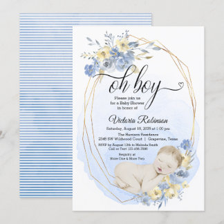 Invitación Bebé de Oro Azul Tinta Aguamarina Baby Shower