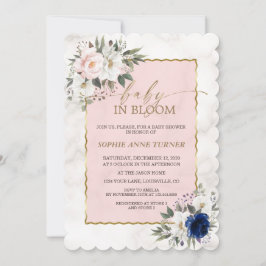 Invitación Bebé de oro de mellizos florales blancos rosados e