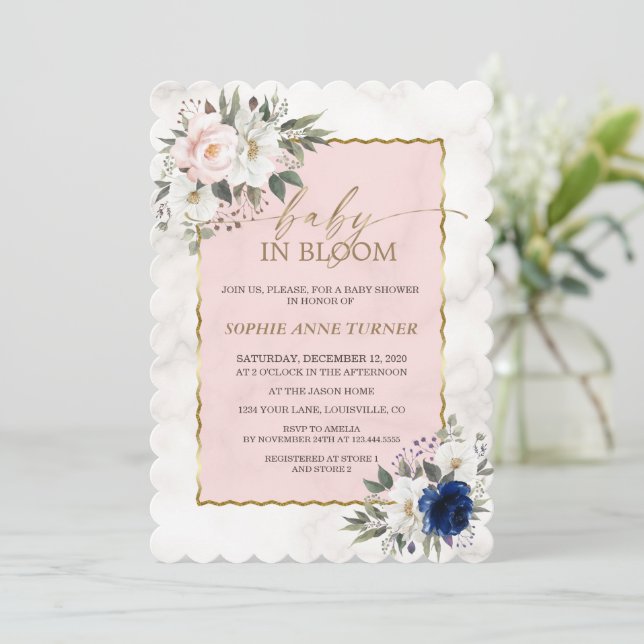 Invitación Bebé de oro de mellizos florales blancos rosados e (Anverso de pie)