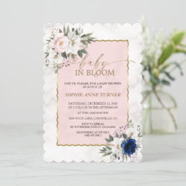 Invitación Bebé de oro de mellizos florales blancos rosados e