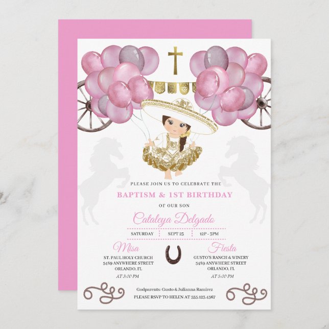 Invitación Bebé de oro rosado Charra Vestido Globos Bautismo (Anverso / Reverso)