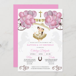 Invitación Bebé de oro rosado Charra Vestido Globos Bautismo