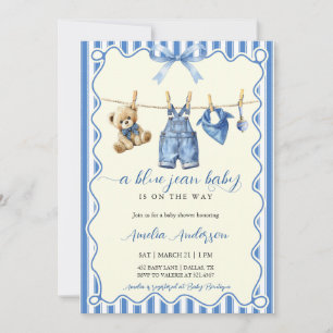 Invitación Bebé de osito de mezclilla azul acuarela Fiesta de