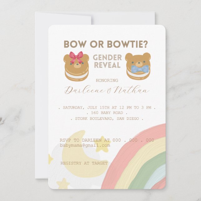 Invitación Bebé de oso, Bow o Bowtie, Fiesta de Revelación de (Anverso)