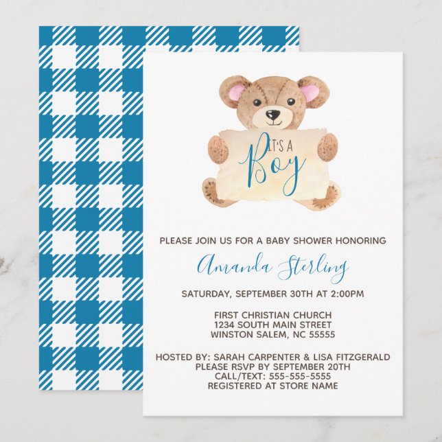 Invitación Bebé de oso de peluche (Anverso / Reverso)