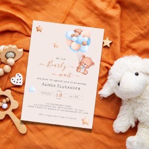 Invitación Bebé de oso de peluche rosa y globos azules con du