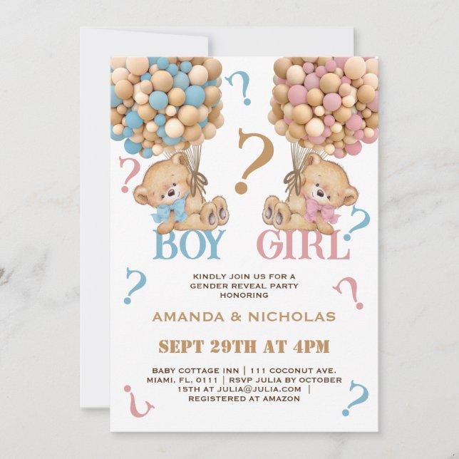 Invitación Bebé de oso revela globos mínimos (Anverso)