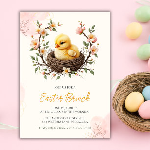 Invitación Bebé de Pascua Chick Amarillo Floral Rosada Brunch