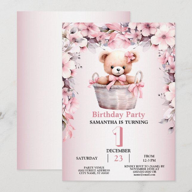 Invitación Bebé de peluche Niña Flores rosadas Fiesta elegant (Anverso / Reverso)