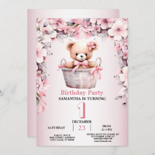 Invitación Bebé de peluche Niña Flores rosadas Fiesta elegant