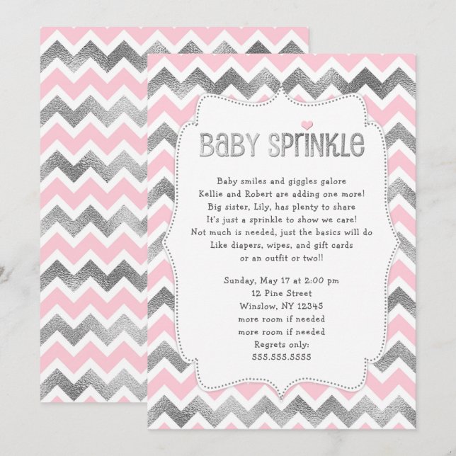 Invitación Bebé de plata rosa Sprinkle chica de bebé invito a (Anverso / Reverso)
