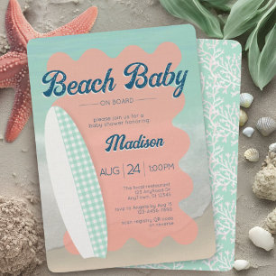 Invitación Bebé de playa a bordo de Coral Mint Gingham Baby S