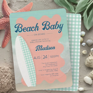 Invitación Bebé de playa a bordo de Coral Mint Gingham Baby S