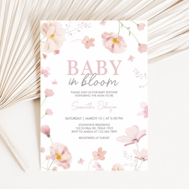 Invitación Bebé de primavera rosada floral en Baby Shower en  (Pink Spring Floral Baby in Bloom Baby Shower Invitation
)