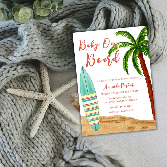 Invitación Bebé De Surf Tropical A Bordo De Baby Shower (Tropical Surf Baby On Board Baby Shower Invitation)