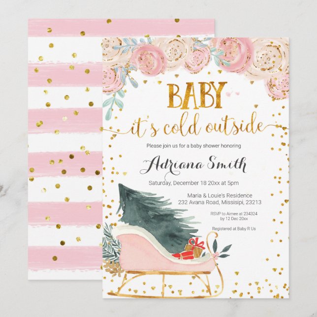 Invitación Bebé de trineo rosa en invierno, su ducha exterior (Anverso / Reverso)