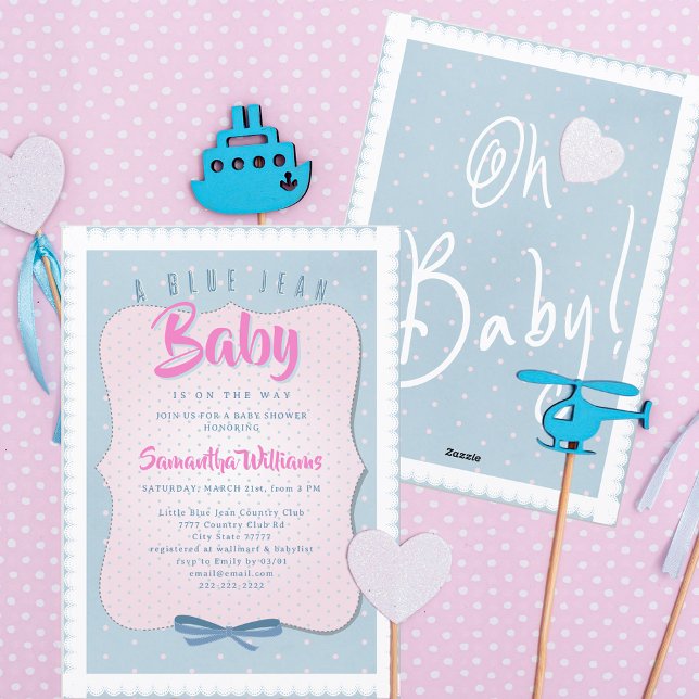 Invitación Bebé de vaquero en jeans azules Cumpleaños de niña (Blue Jean Oh Baby! Cute Pink Denim Blue Western Country Girl Baby Shower Invitation)